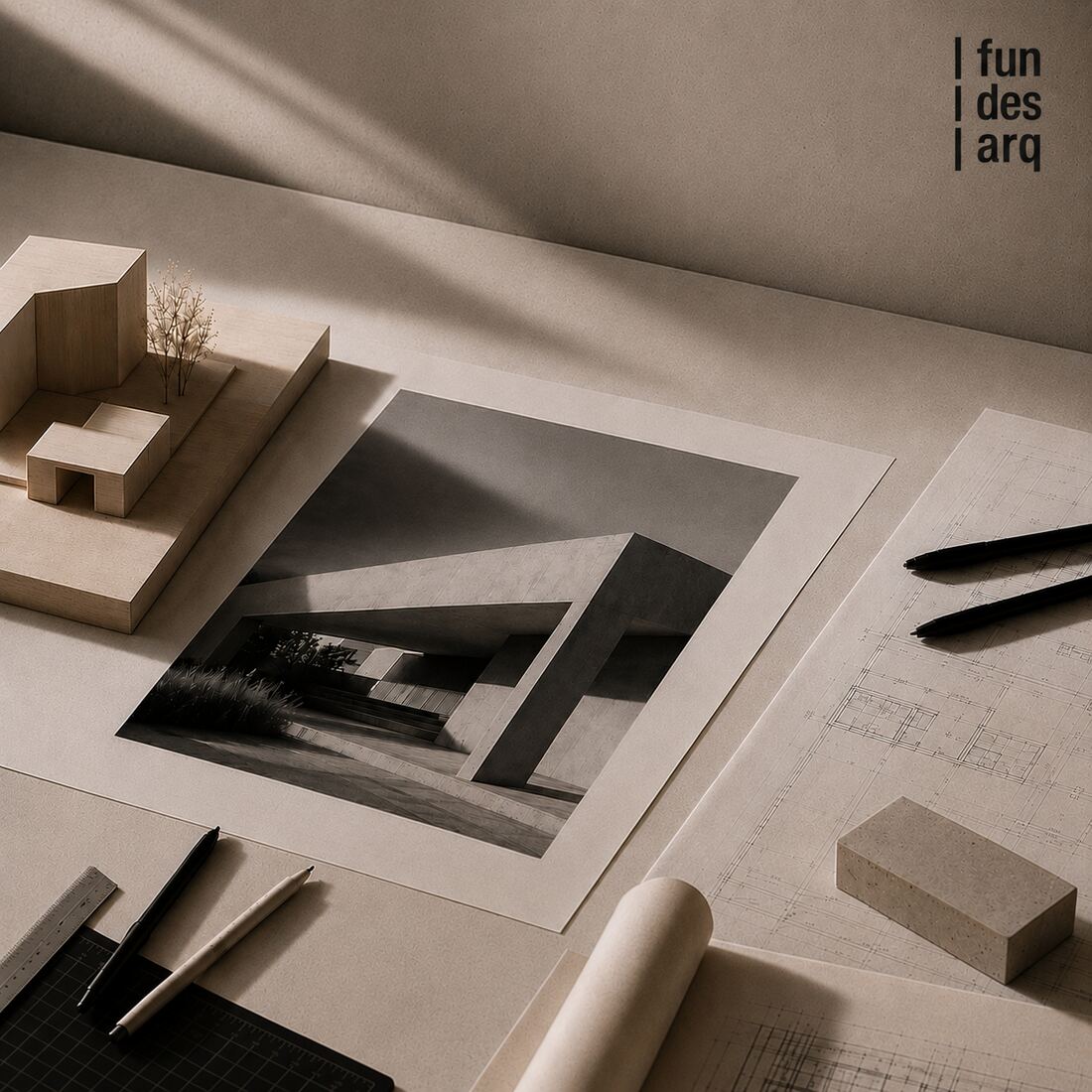 Mesa de trabajo con planos y maqueta